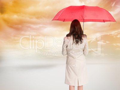 Composite image of businesswoman standing back to camera holding