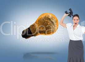 Composite image of angry businesswoman throwing binoculars away