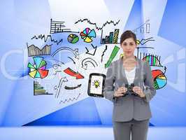 Composite image of young businesswoman with binoculars