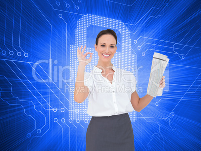 Composite image of stylish businesswoman making gesture while ho