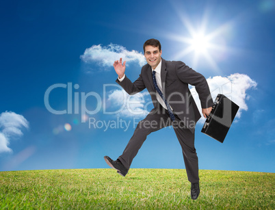 Composite image of cheerful businessman in a hury