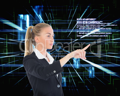 Composite image of businesswoman pointing somewhere