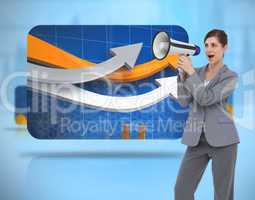 Composite image of businesswoman with loudspeaker