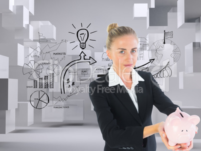 Composite image of businesswoman holding piggy bank