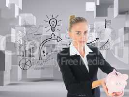 Composite image of businesswoman holding piggy bank