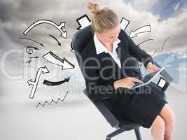 Composite image of businesswoman sitting on swivel chair with ta