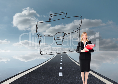 Composite image of businesswoman smiling and holding folders