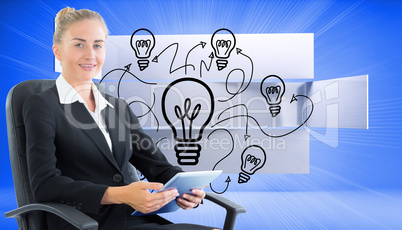 Composite image of businesswoman sitting on swivel chair with ta