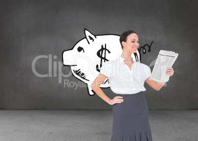 Composite image of cheerful stylish businesswoman holding newspa