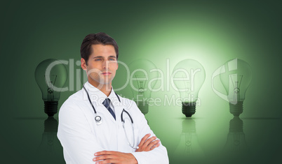 Composite image of serious doctor with arms crossed