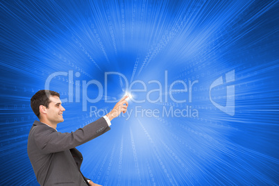 Composite image of smiling classy businessman sitting and pointi