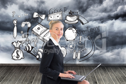 Composite image of businesswoman using laptop