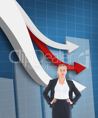 Composite image of businesswoman standing with hands on hips