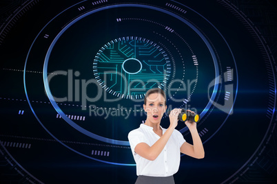 Composite image of astonished elegant businesswoman holding bino