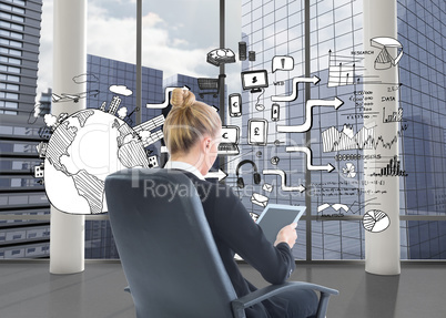 Composite image of businesswoman sitting on swivel chair with ta