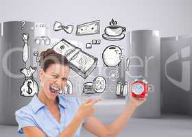 Composite image of businesswoman indicating alarm clock