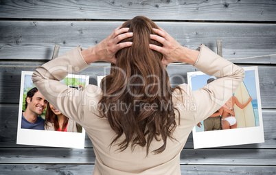 Composite image of young classy businesswoman with hands on head