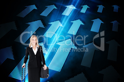 Composite image of smiling businesswoman holding a suitcase