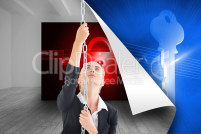 Composite image of businesswoman pulling a chain