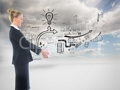 Composite image of businesswoman holding pink piggy bank