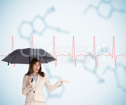 Composite image of elegant businesswoman holding black umbrella