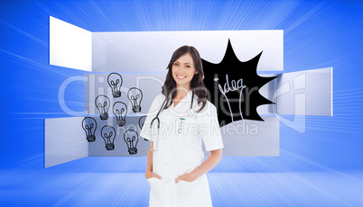 Composite image of confident and smiling woman doctor standing i