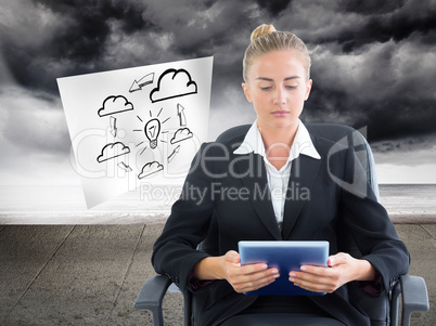 Composite image of businesswoman sitting on swivel chair with ta