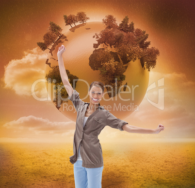 Composite image of happy woman jumping