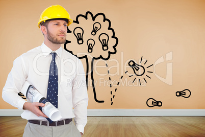 Composite image of young architect posing with hard hat and plan