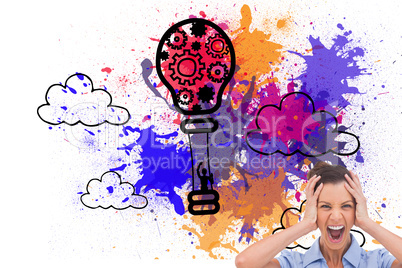 Composite image of stressed businessswoman with hand on her head