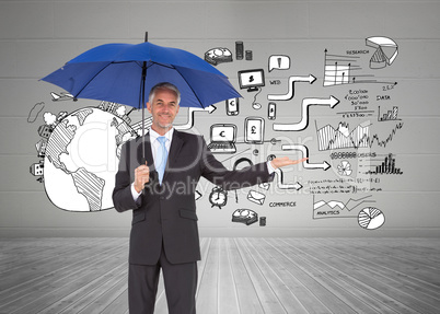 Composite image of peaceful businessman holding blue umbrella