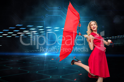 Composite image of elegant blonde holding umbrella