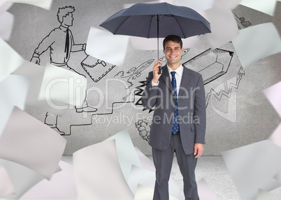 Composite image of happy businessman holding grey umbrella