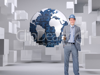 Composite image of smiling attractive architect on phone holding Composite image of smiling attractive architect on phone holding