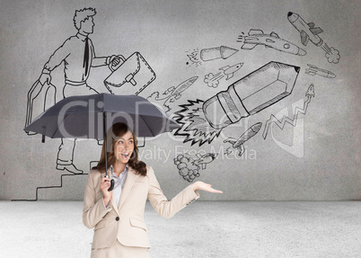 Composite image of elegant businesswoman holding black umbrella