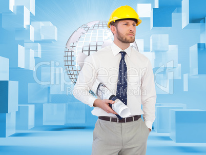 Composite image of young architect posing with hard hat and plan