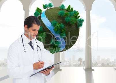 Composite image of smiling doctor holding pen and clipboard