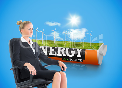 Composite image of businesswoman sitting on swivel chair in blac