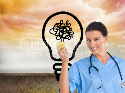 Composite image of happy surgeon holding an apple and smiling at