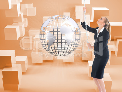 Composite image of businesswoman pulling a chain