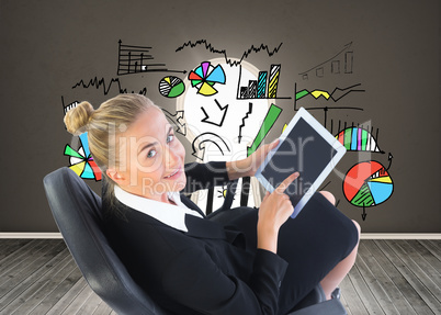 Composite image of businesswoman sitting on swivel chair with ta