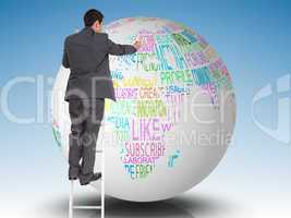 Composite image of businessman standing on ladder