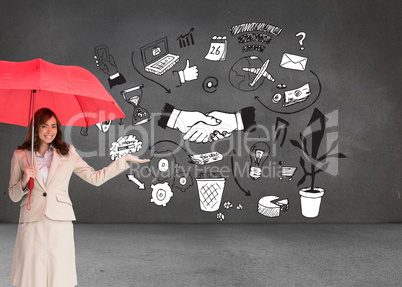 Composite image of happy businesswoman holding umbrella