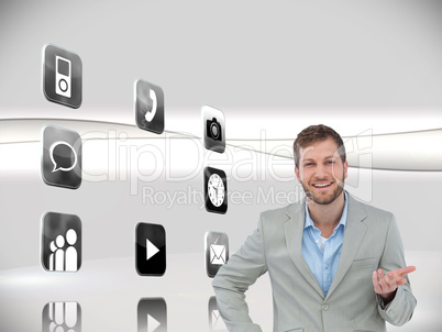 Composite image of stylish man smiling and gesturing