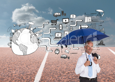 Composite image of happy businessman holding umbrella