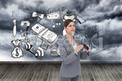 Composite image of curious young businesswoman with binoculars