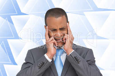 Composite image of stressed businessman putting his fingers on h