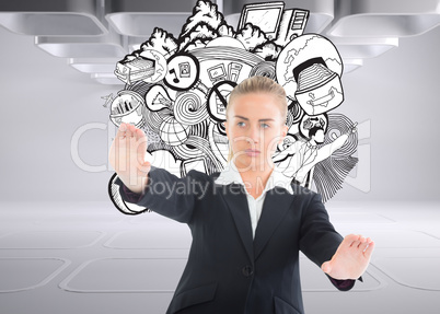 Composite image of businesswoman pointing somewhere