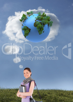 Composite image of attractive student holding books and her bag