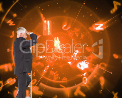 Composite image of mature businessman standing on ladder